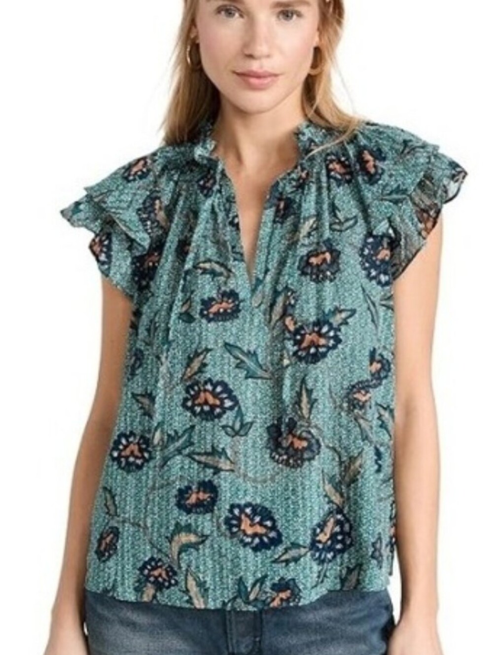 Ulla Johnson Annie Floral Ruffle Cap-Sleeve Blouse Lightweight Teal Floral Sz 14